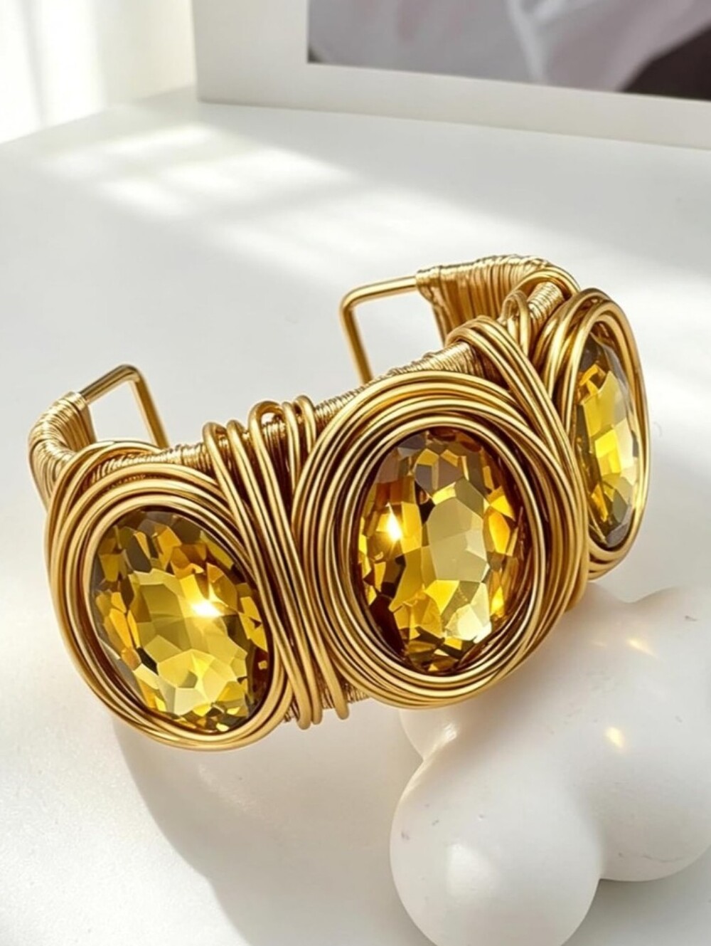 Gold-Tone Yellow Crystal Wire-Wrapped Cuff Bracelet